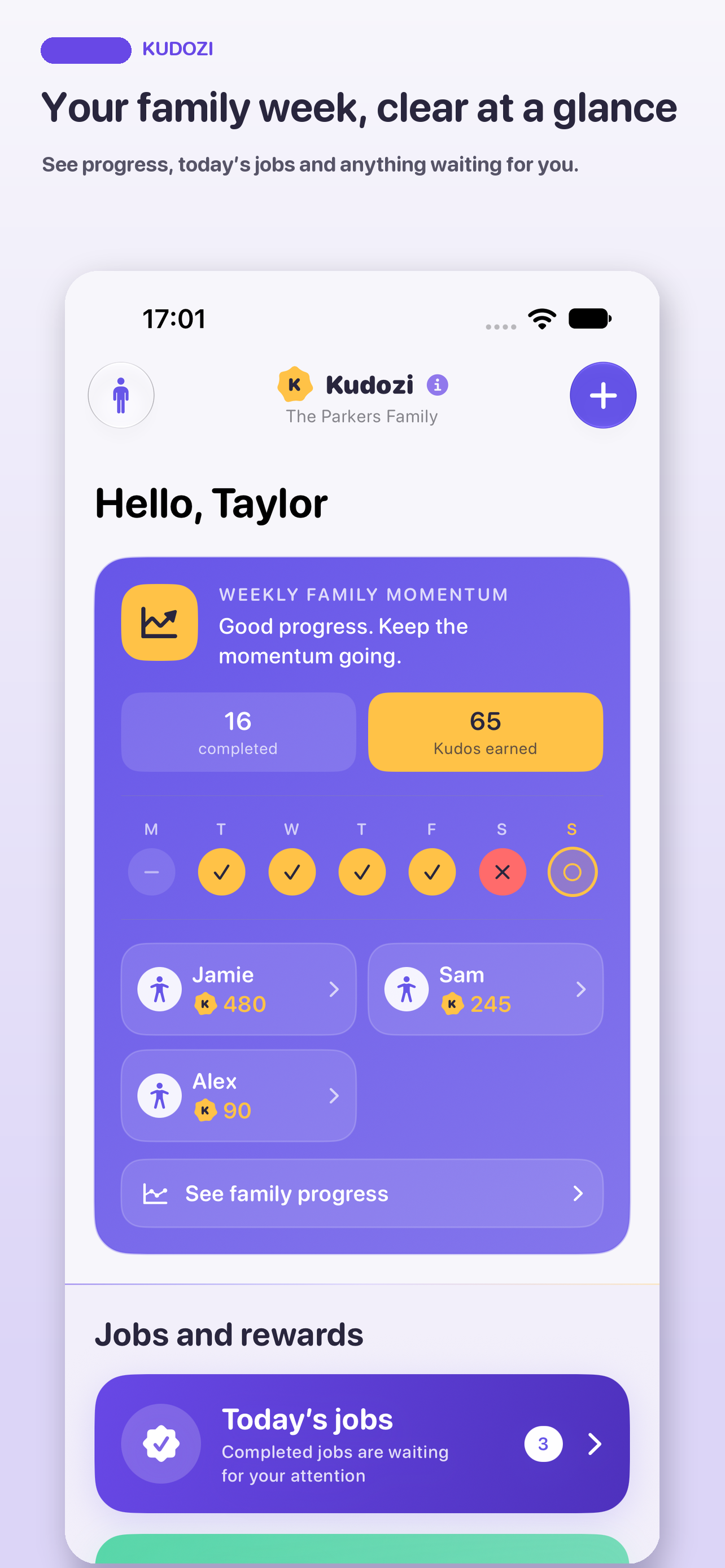 Adult Kudozi home showing weekly family progress and jobs waiting for attention.