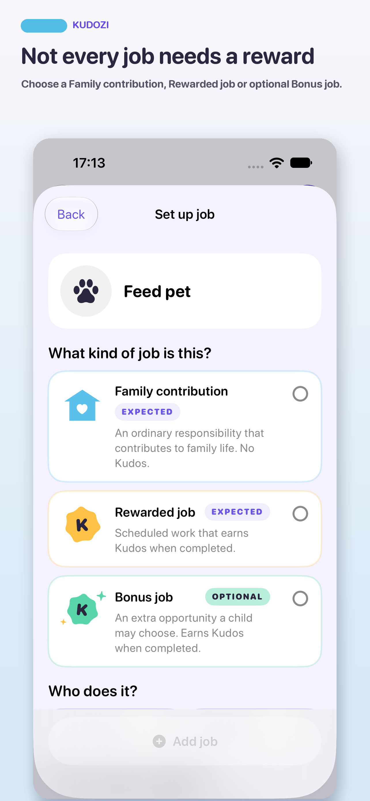 Kudozi job setup showing Family contribution, Rewarded job and optional Bonus job choices.