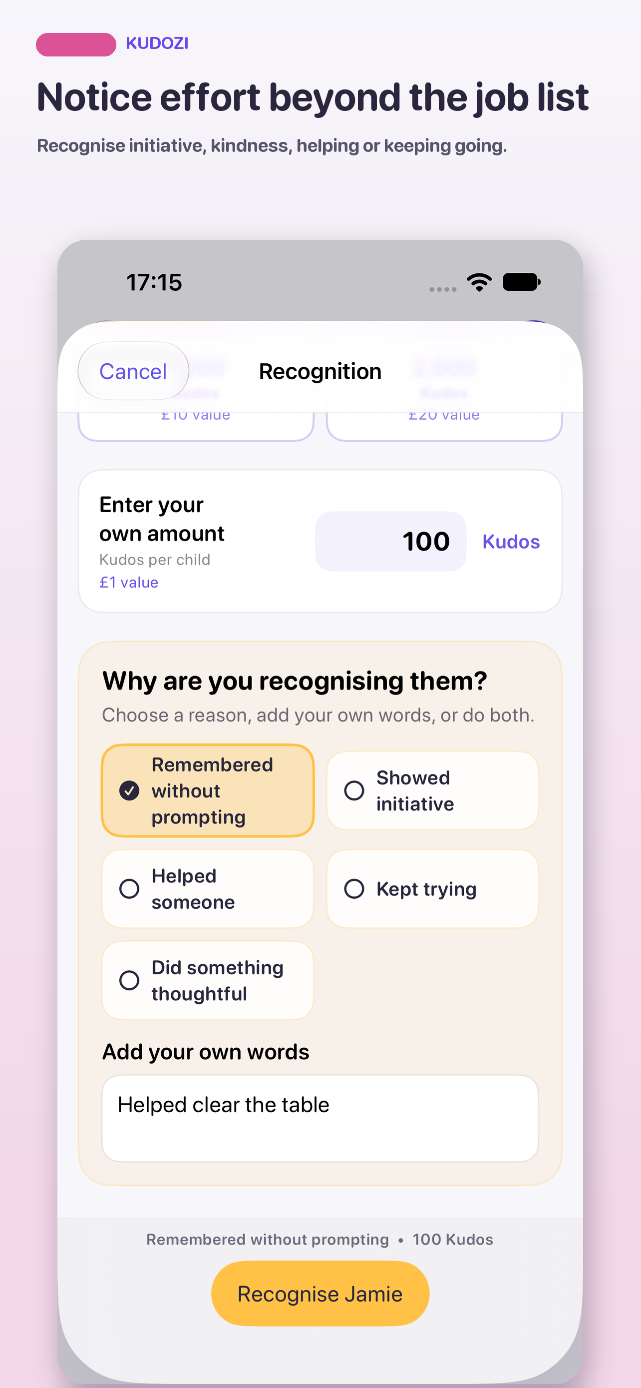 Kudozi recognition screen with reasons including initiative, helping and keeping trying.