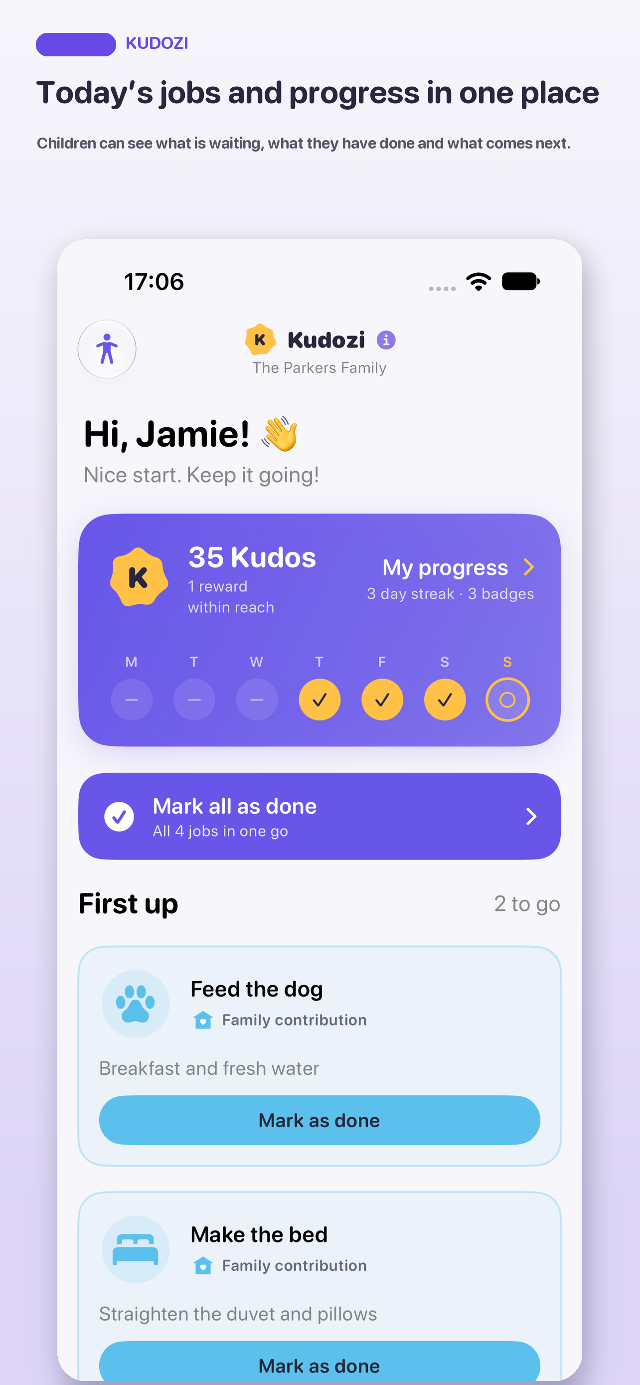 Kudozi child home showing today’s family contributions, Kudos and weekly progress.