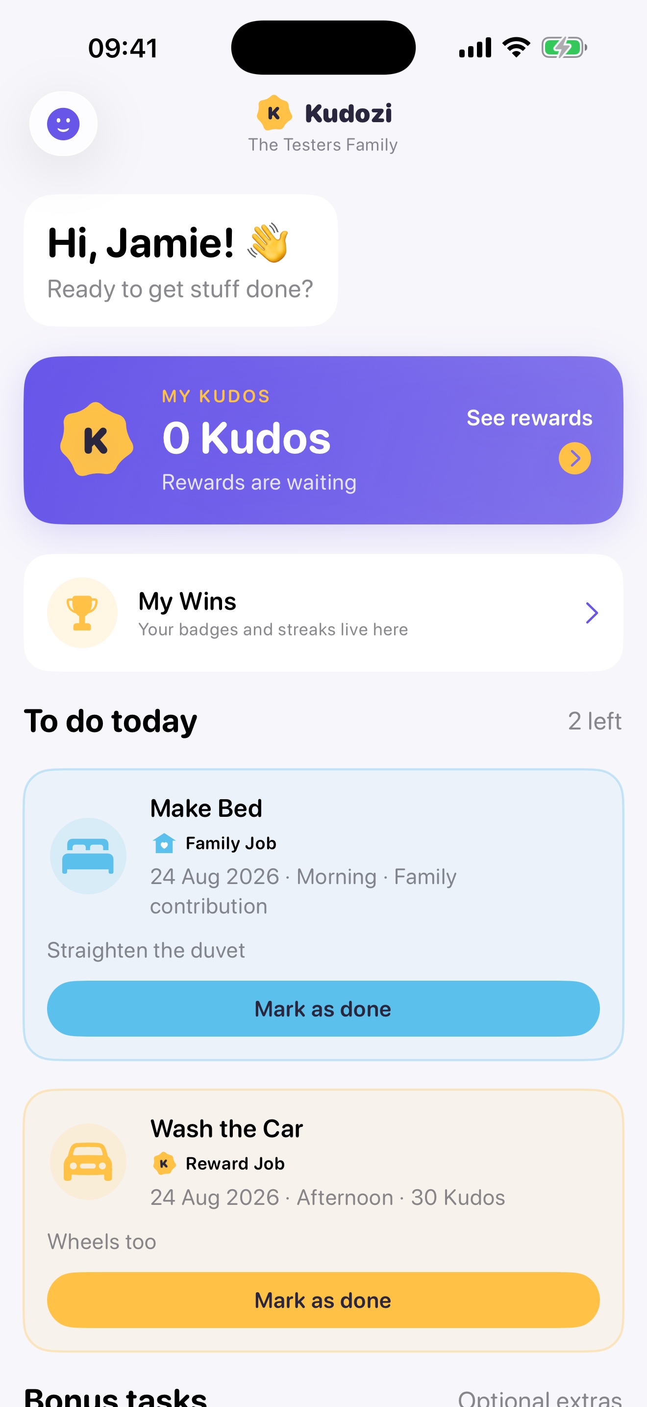 Kudozi child view with a Kudos balance, My Wins, and today's family and reward jobs.